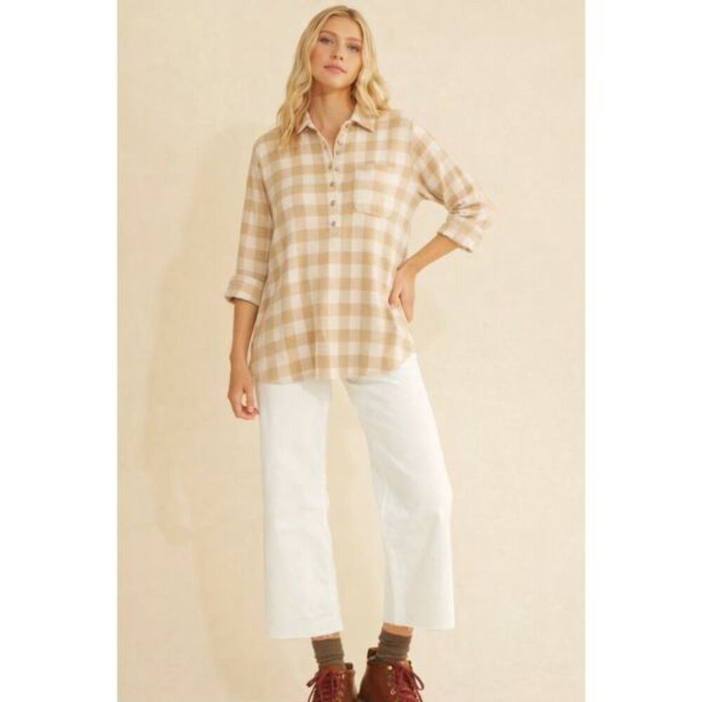 Soft Surroundings Mad About You Beige Gingham Tunic Blouse Top Plus Size 2X